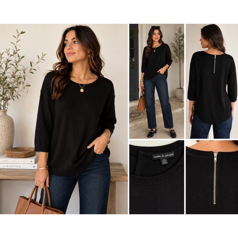 Cable & Gauge Black 3/4 Sleeve Back Zip Knit Sweater Top Small
